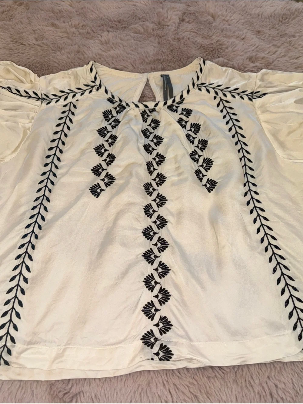 Anthropologie White Blouse with Black Embroidered Vine Detail